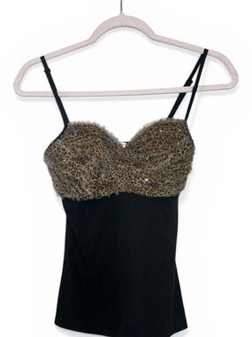 Fitted Italian Black Tank with Leopard Print Crystal Bust